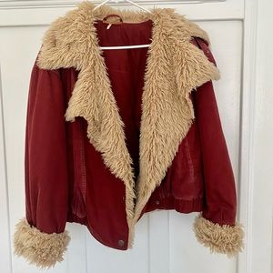 Free People Red Bomber With Fur Small Winter Jacket